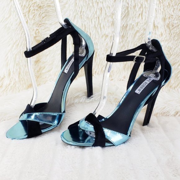 Cape Robbin Aqua & Black Velvet 4.5" High Heel Sandal Shoes - Picture 2 of 9